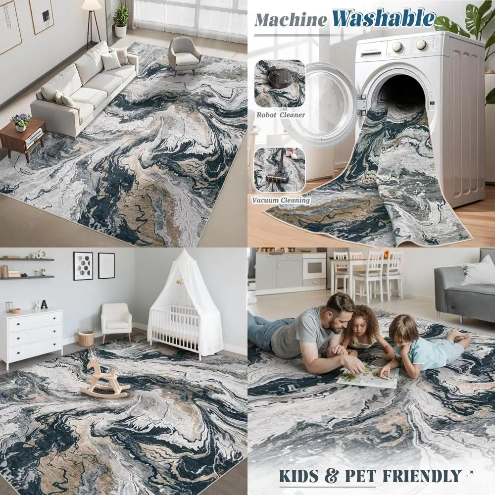 Large Neutral Abstract Area Rugs for Living Room and Bedroom: Modern Marble Design, Washable, Soft, and Non-Slip Indoor Carpets