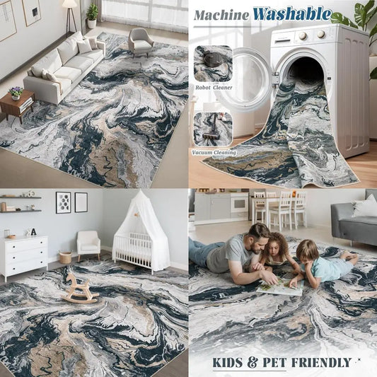 Large Neutral Abstract Area Rugs for Living Room and Bedroom: Modern Marble Design, Washable, Soft, and Non-Slip Indoor Carpets