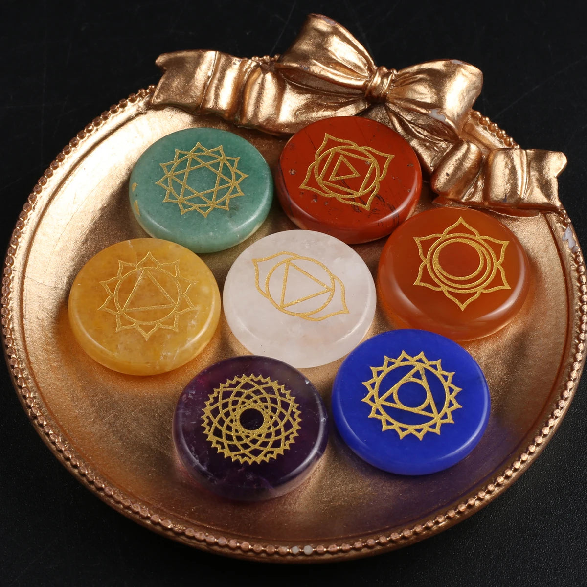 Set of 7 Pieces Natural Stones  Pendulum Reiki Healing Stones Engraved  Seven Chakra Symbols Reiki Healing Gems