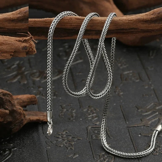 Real Silver Retro Classical Square Fox Tail Chain Necklace For Man Woman S925 Silver Chopin Sweater Chain Necklaces Fine Jewelry