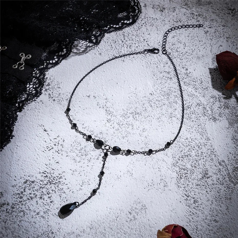 Black Water Drop Crystal Chest Chain Necklace for Women Collares Vintage Sexy Link Choker Y2K Halloween Jewelry Accessories