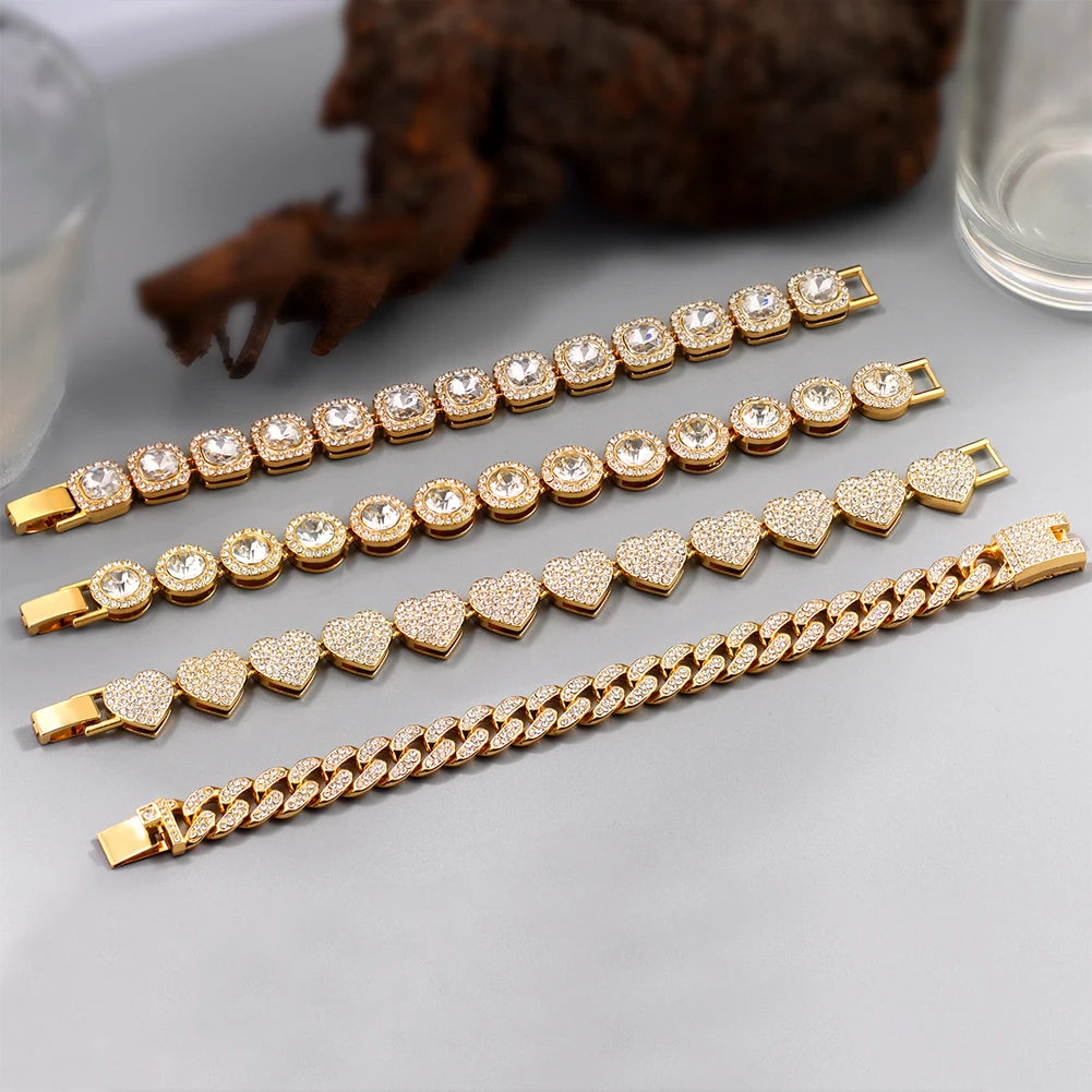 4Pcs Iced Out Chain Cuban Bracelet for Women Men Hip Hop Gold Silver Color Full Rhinestone Heart Circle Square Bracelet Jewelry