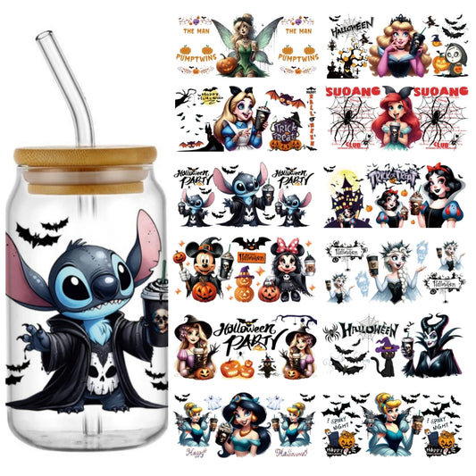 Miniso Halloween Stitch Mixed Cartoon Pattern Transfer Stickers Waterproof UV DTF Cup Wraps 3D Wrap Decal For 16oz Libbey Glass