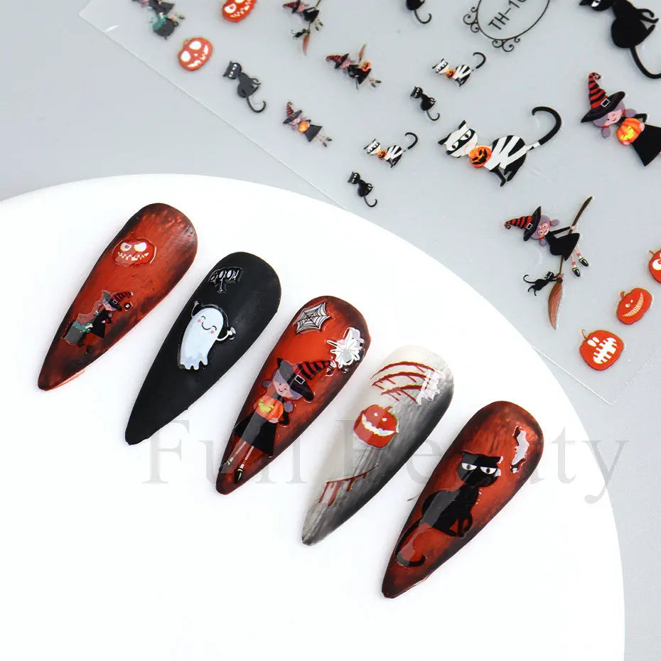 Nail Stickers Halloween Series Bat Skull Bone Ghost Pumpkin Pattern 3D Self Adhesive Decals For Nails Manicure Decoration LATH