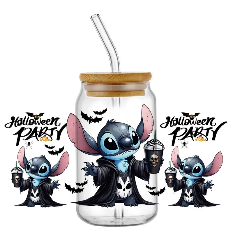 Miniso Halloween Stitch Mixed Cartoon Pattern Transfer Stickers Waterproof UV DTF Cup Wraps 3D Wrap Decal For 16oz Libbey Glass