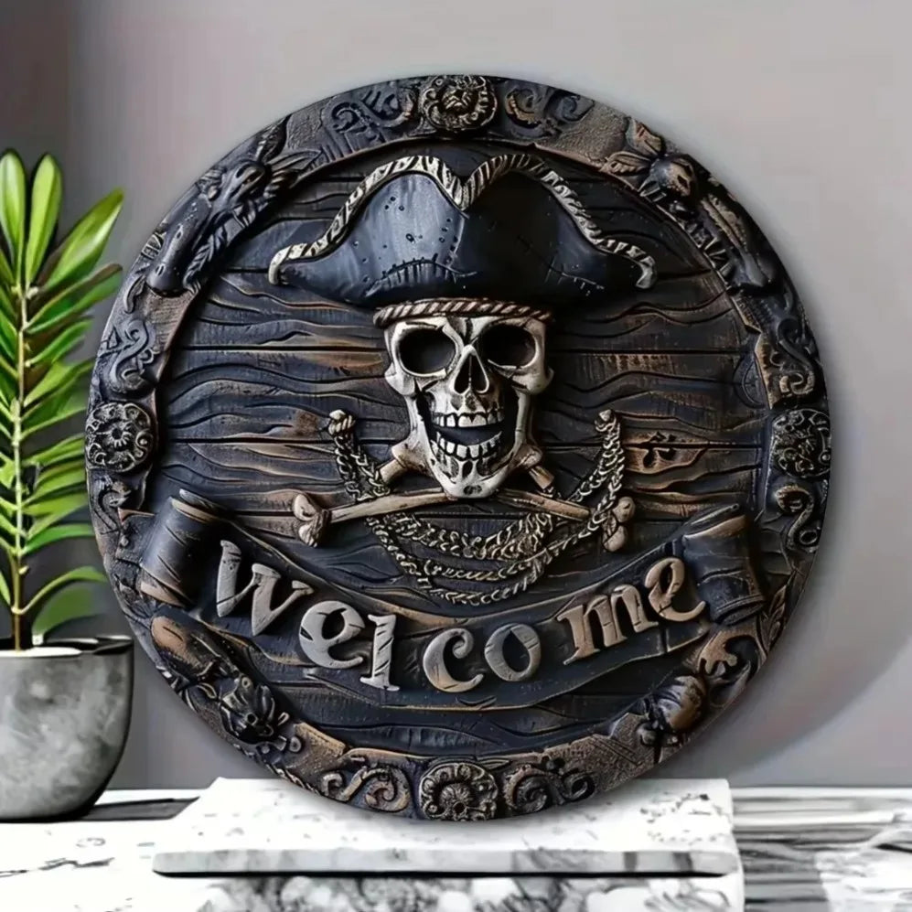 Spooky and Stylish: Pirate Skull Welcome Sign for Unforgettable Decor. Ideal for Halloween Party, a Great Gift Option