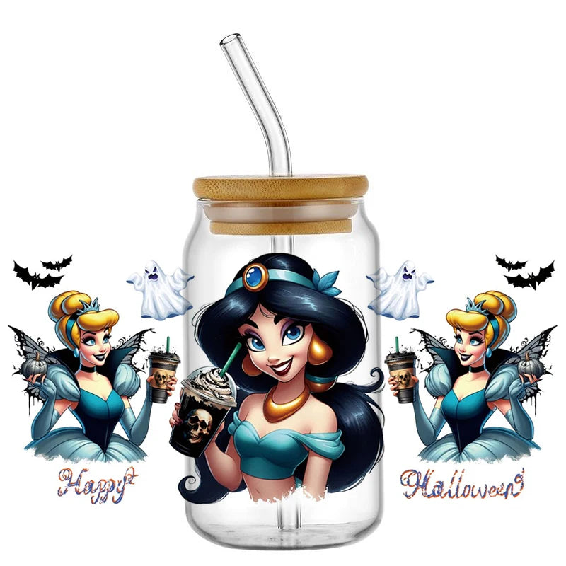 Miniso Halloween Stitch Mixed Cartoon Pattern Transfer Stickers Waterproof UV DTF Cup Wraps 3D Wrap Decal For 16oz Libbey Glass