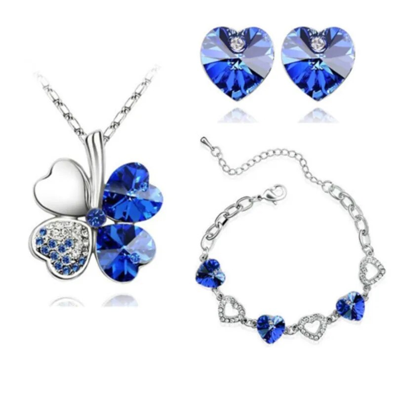 Crystal Clover 4 Leaf leaves Floating heart pendant quality Necklace bracelet Earring fashion jewelry set birthday gift girl wed