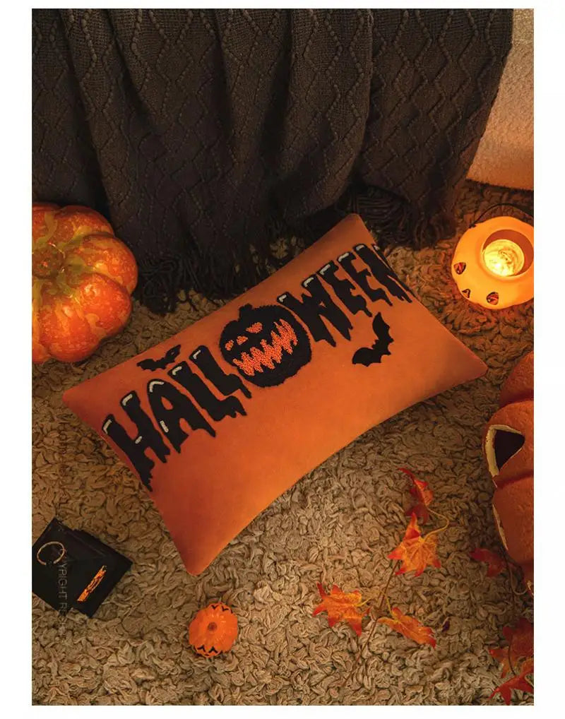 30x50/45x45cm Halloween Embroidery Pillowcase Home Holiday Decoration Sofa Pillow Cover Living Room Plush Orange Cushion Covers