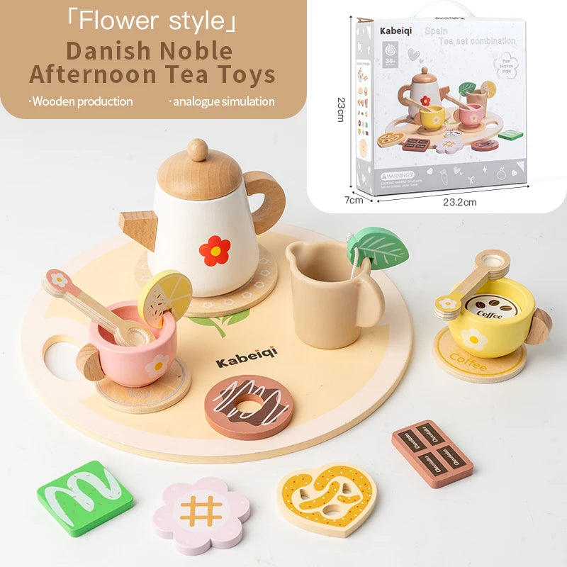 Wooden Kitchen Play Toys Kitchen Simulation Tea Set Afternoon Tea Activity Games Pretend Play Kitchen Accessories Toy for Kids