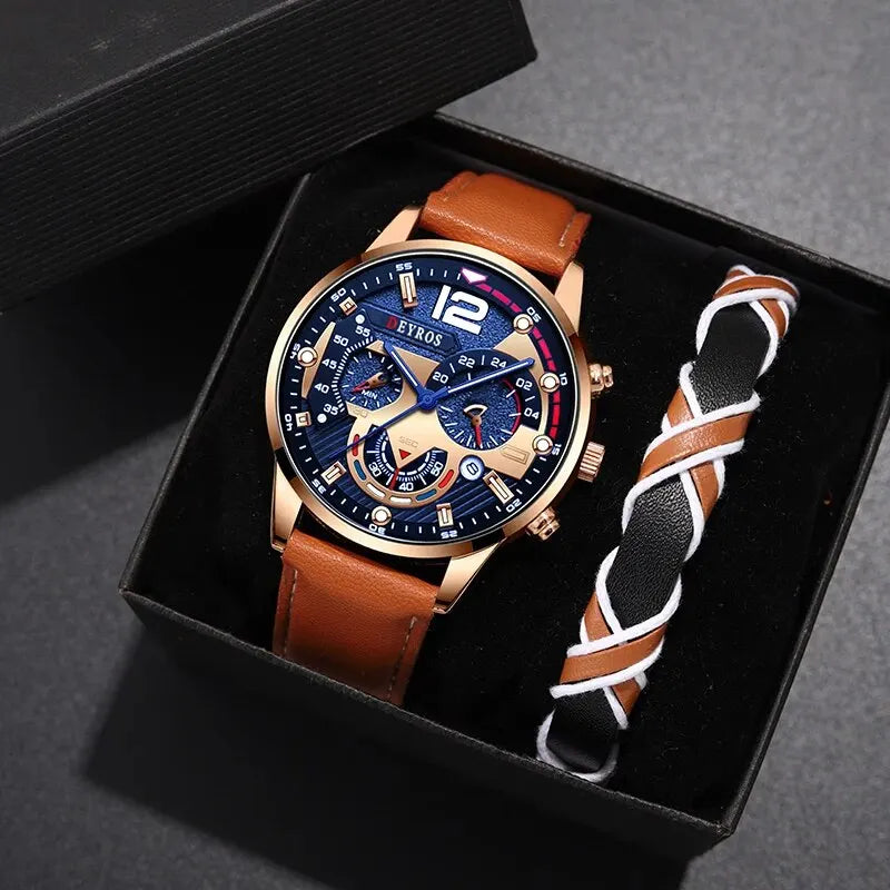 2PCS Set Fashion Mens Calendar Watches Luxury Male Business Casual Brown Leather Quartz Watch Men Bracelet Wrist Watch
