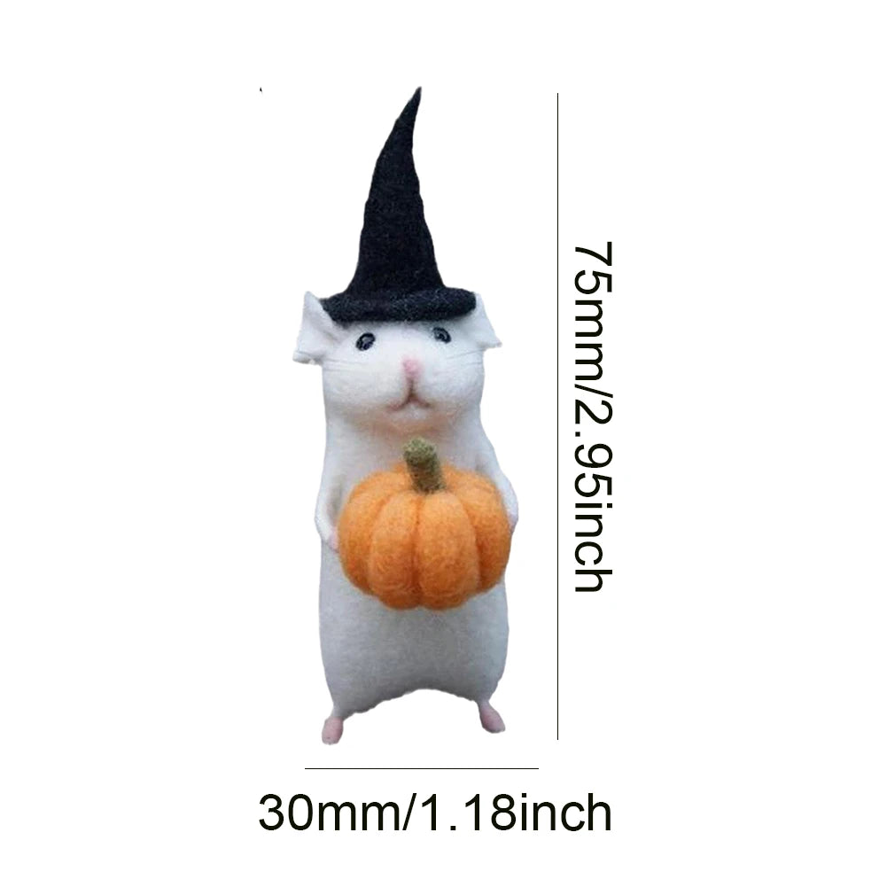 Halloween Handmade Wool Needle Felt Mouse Toy Set Desktop Decoration Creative Mini Little White Mouse Holding Pumpkin Cloth Doll