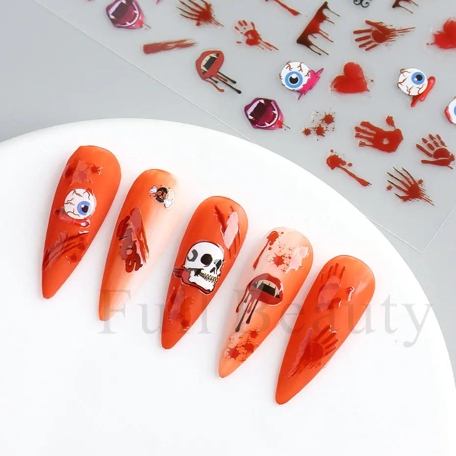 Nail Stickers Halloween Series Bat Skull Bone Ghost Pumpkin Pattern 3D Self Adhesive Decals For Nails Manicure Decoration LATH