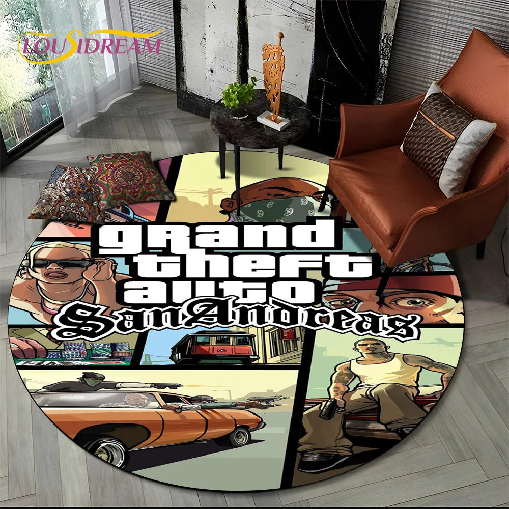 Grand Theft Auto Games GTA  Gamer Round Carpet Rug for Living Room Bedroom Child Playroom Decor,Pet Area Rug Non-slip Floor Mat