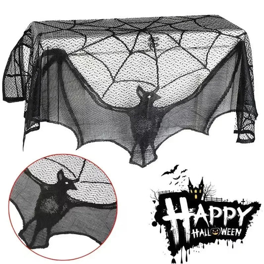 Halloween Lace Curtains Black Bat Tablecloth Hearthstone Scarf Cover Family Room Spider Web Horror Decoration Party Decoration