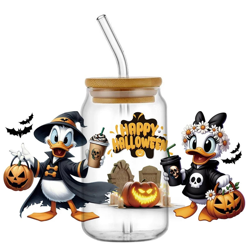 Miniso Halloween Stitch Mixed Cartoon Pattern Transfer Stickers Waterproof UV DTF Cup Wraps 3D Wrap Decal For 16oz Libbey Glass