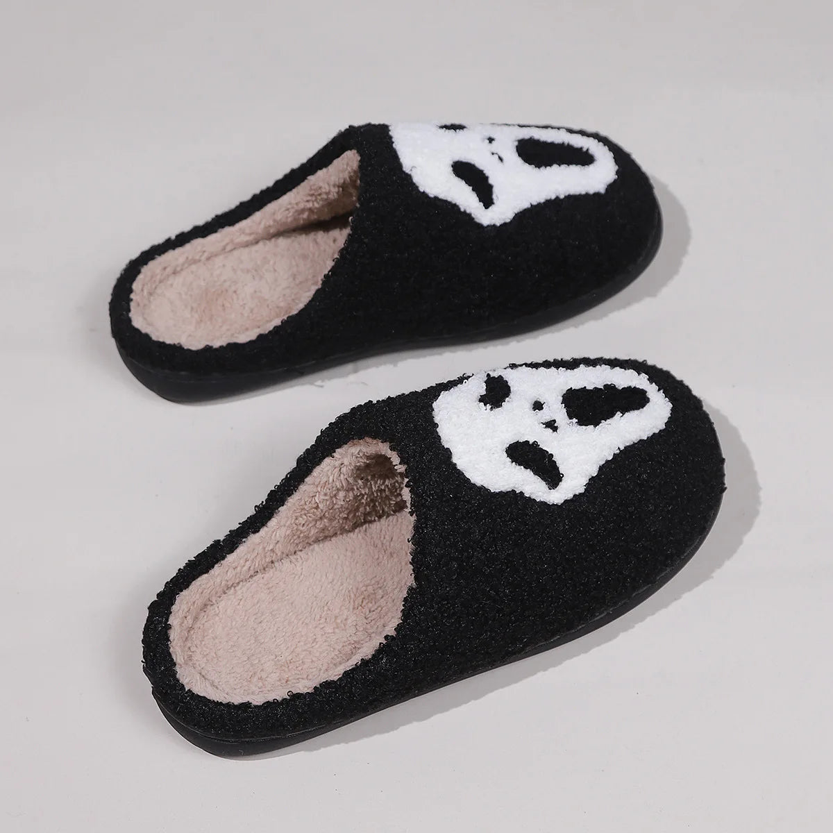 Halloween Funny Casual Fluffy Slippers Women House Flats Skull Cartoon Couple Winter Shoes Girls Fashion Footwear Large Size