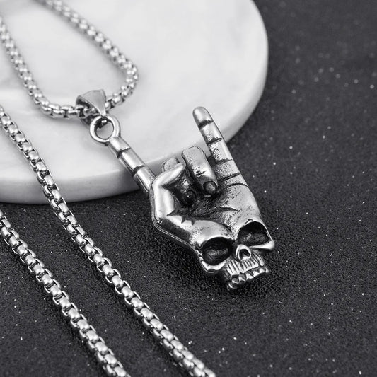 Punk Rock Love You Gesture Pendant Necklace For Men Vintage Silver Color Stainless Steel Chain Hip Hop Skull Neck Jewelry Gifts