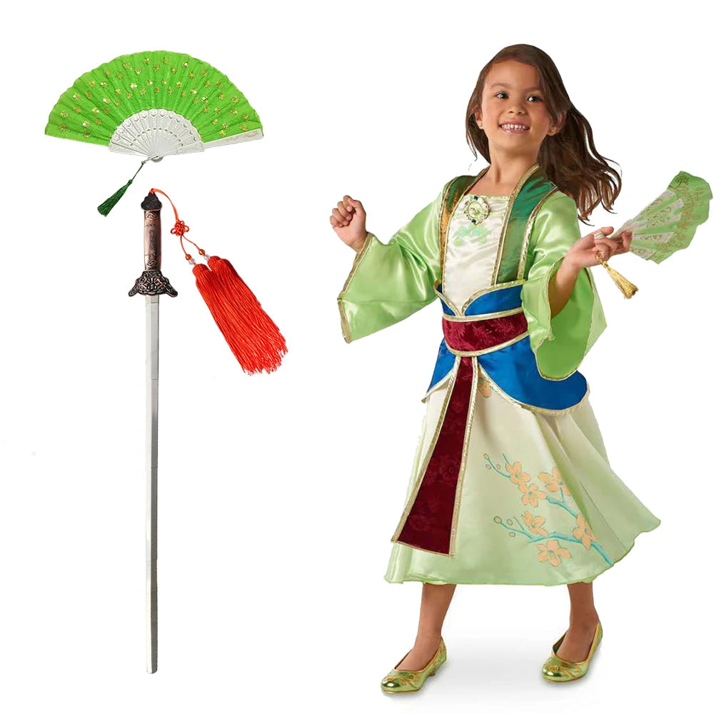 Halloween Girls Mulan Dress Children Fancy Fairy Princess Dress Up Chinese Style Christmas Vintage Green Floral Dresses Hanfu