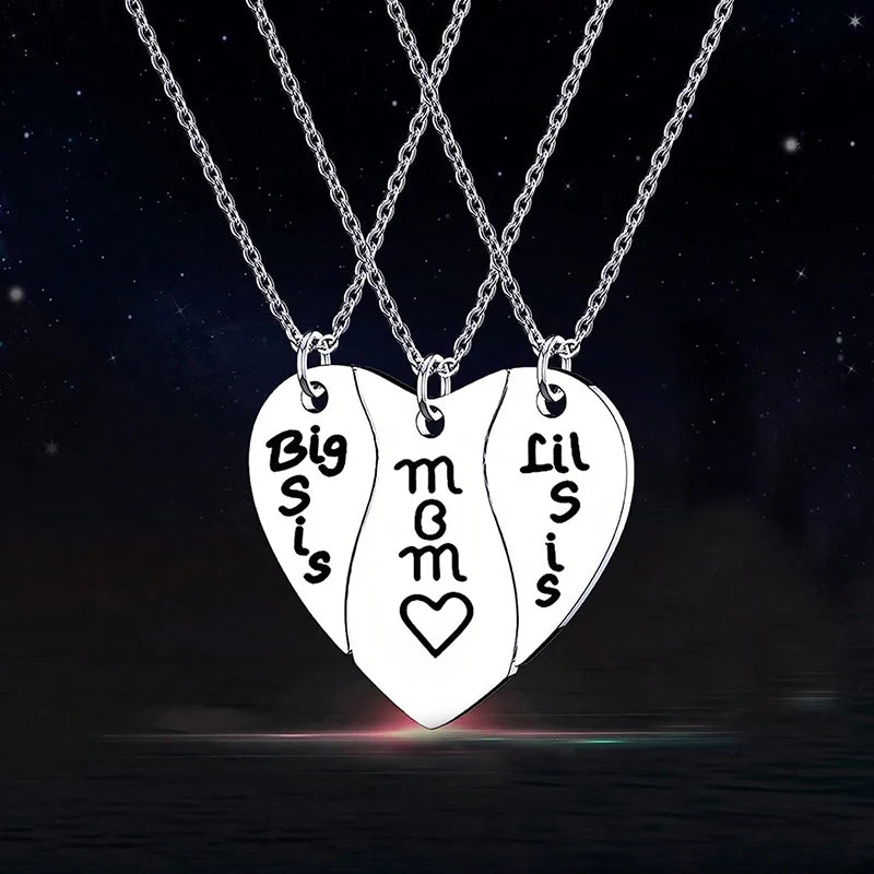 3 PCS Heart Matching Mom Daughter Son Necklace Set Stainless Steel Big Sister Little Sister Necklace Gifts For Mother