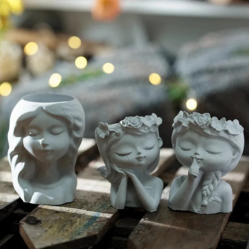 Pretty Girl Flower Pot Cement Silicone Molds Resin Candle Holder