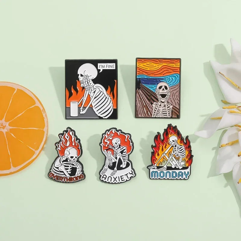 Halloween Skeleton Oil Painting Design Enamel Pins I'm Fine Anxiety Overthiking Skull Brooches Lapel Badge Punk Jewelry Gifts