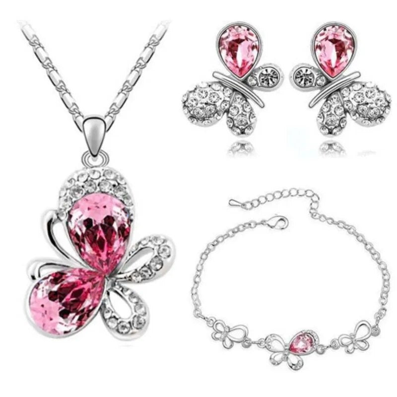 quality Crystal Butterfly Pendant fashion Jewelry set necklace earrings bracelet accessories girls romantic lover birthday gifts