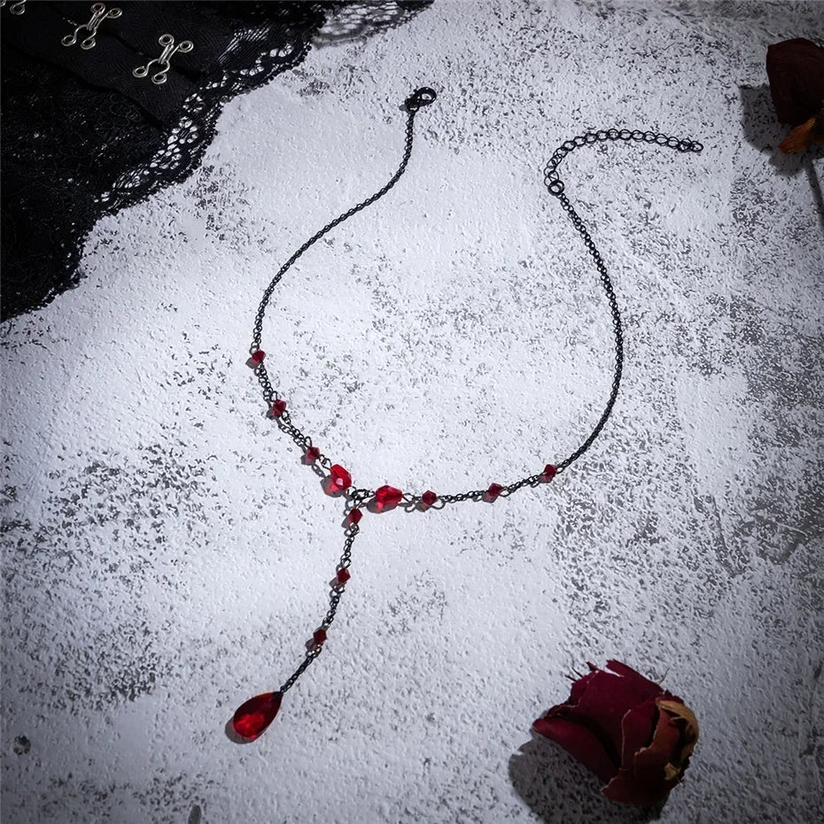 Black Water Drop Crystal Chest Chain Necklace for Women Collares Vintage Sexy Link Choker Y2K Halloween Jewelry Accessories