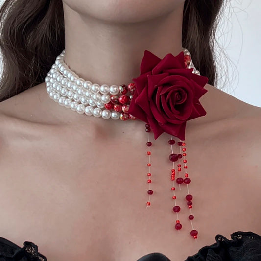 Ingemark Multilayer Imitation Pearl Rose Flower Clavicle Chain Necklace Women Goth Red Crystal Pendant Choker Halloween Jewelry