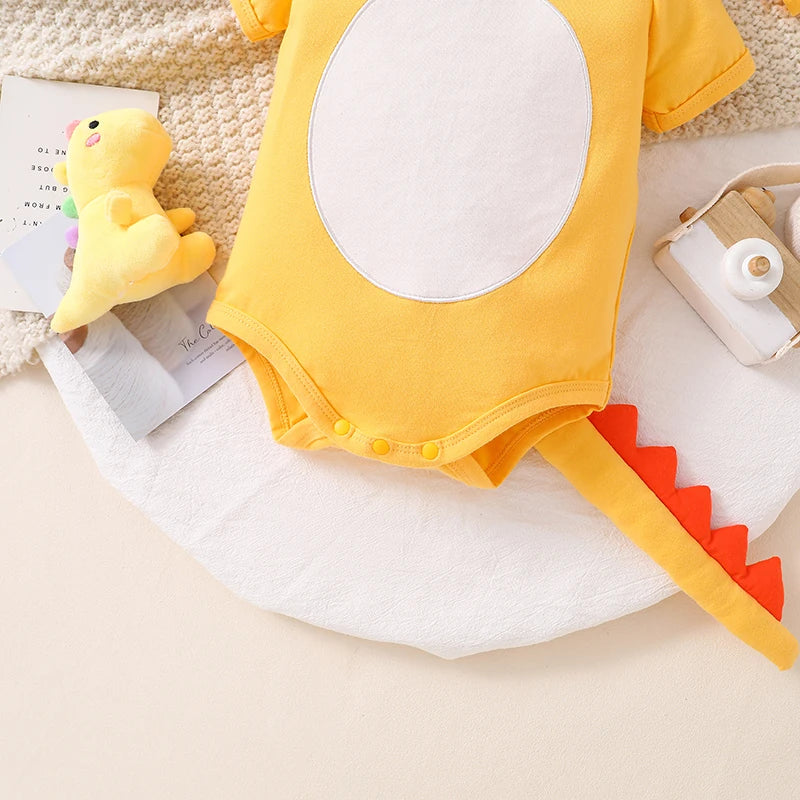 Adorable Toddler Dino Outfit Short Sleeve Round Neck Jumpsuit with Matching Hat Set Baby Clothing for Halloween