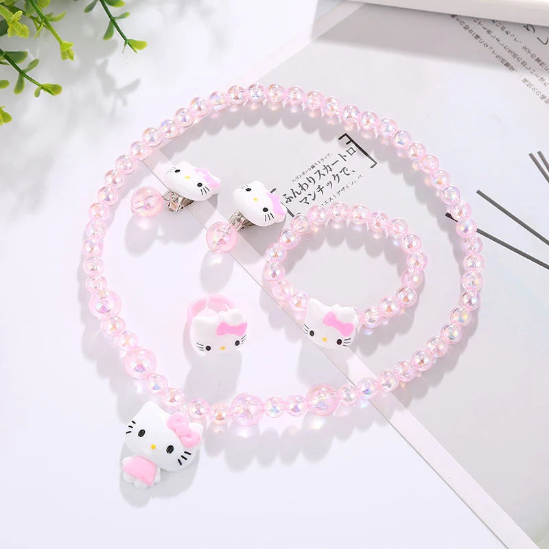 4pcs/set Sanrio Cartoon Hello Kitty Necklace Finger Ring Bracelet Set Kawaii Birthday Gifts For Girls Jewelry Accessories