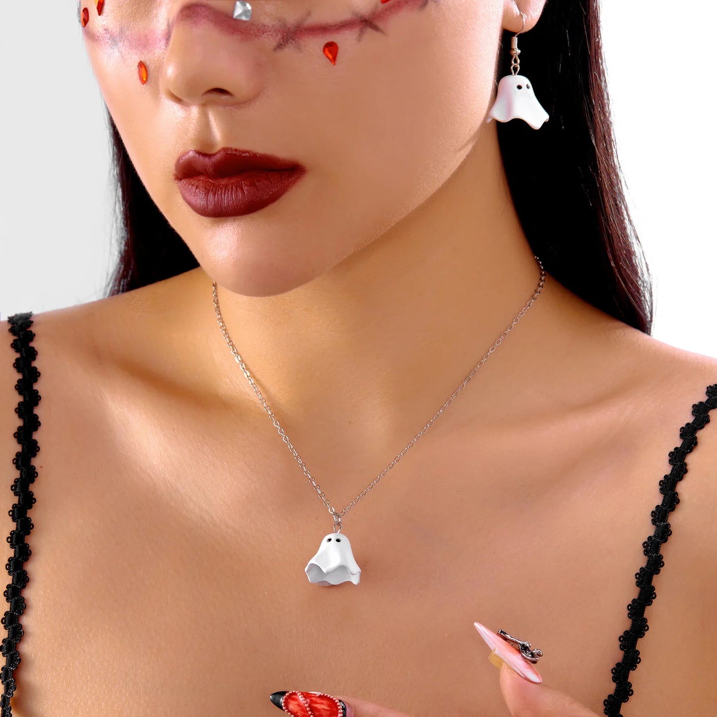 Cute Cartoon White Ghost Dangle Earrings for Women Trendy Creative Funny Monster Earrings Necklace Halloween Jewelry Accessories