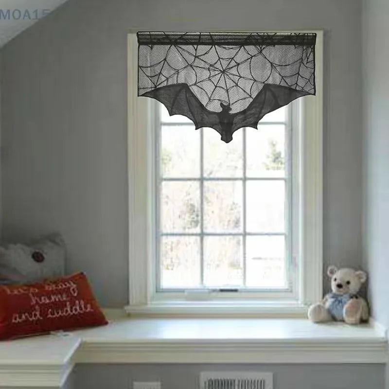 Halloween Lace Curtains Black Bat Tablecloth Hearthstone Scarf Cover Family Room Spider Web Horror Decoration Party Decoration
