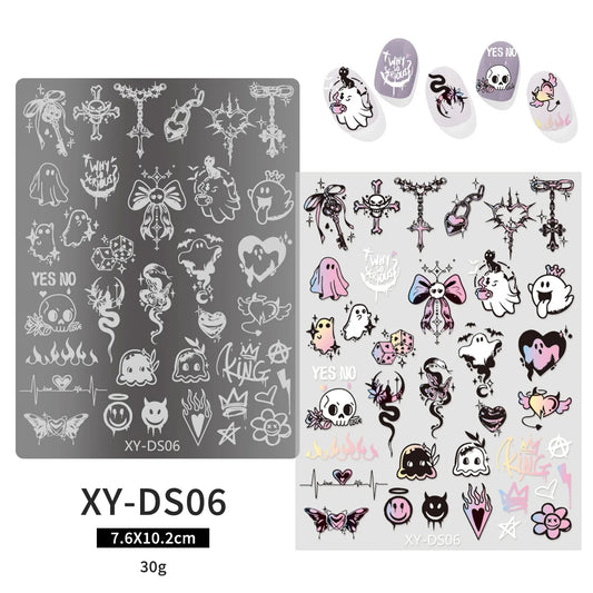 Halloween Nail Stamping Plates Nail Art Templates Printing Rose Leaves Moon Butterfly French Nails Image Stainless Stencil Tool