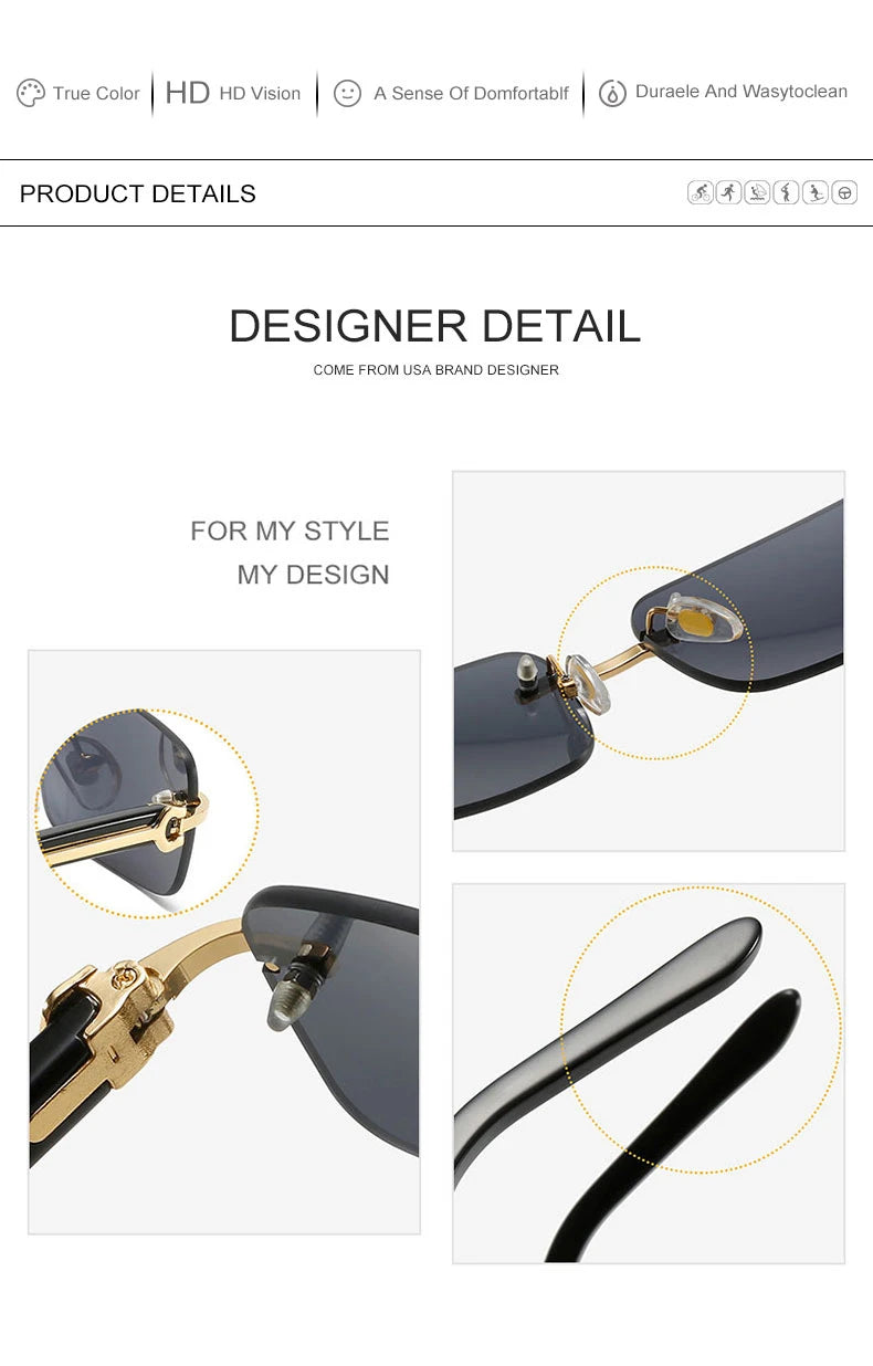 Caterside Small Square Rimless Sunglasses Men Luxury Brand Designer Classic Rectangle Sun Glasses Male UV400