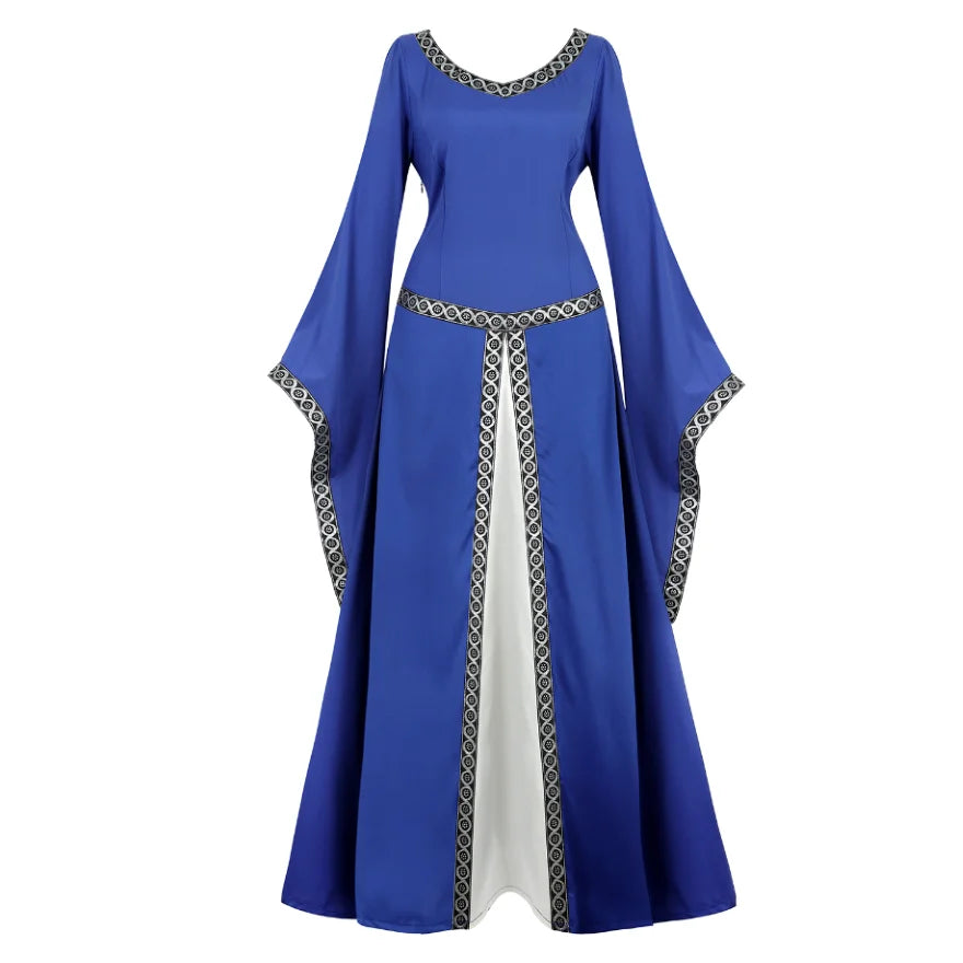 Women Medieval Renaissance Trumpet Sleeve Retro Loor Length Gown Lace Trim Irish Over Long Dress Halloween Costume Plus Size