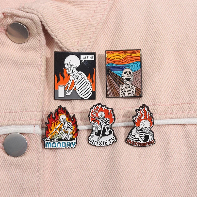 Halloween Skeleton Oil Painting Design Enamel Pins I'm Fine Anxiety Overthiking Skull Brooches Lapel Badge Punk Jewelry Gifts