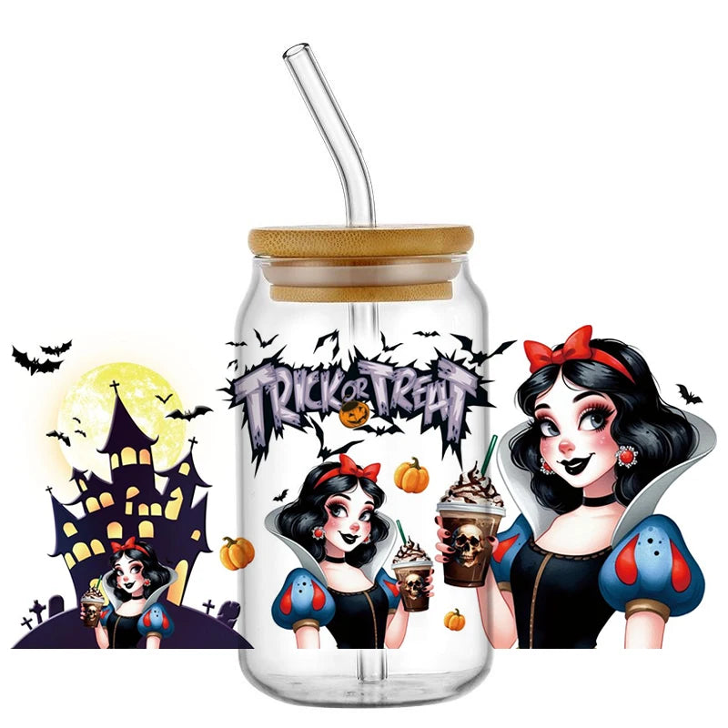 Miniso Halloween Stitch Mixed Cartoon Pattern Transfer Stickers Waterproof UV DTF Cup Wraps 3D Wrap Decal For 16oz Libbey Glass