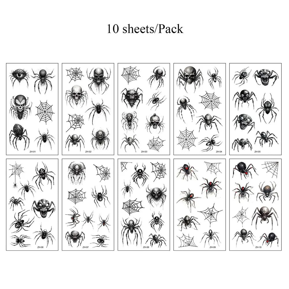 10Pcs Halloween Temporary Tattoo Stickers For Women Men Waterproof Spider Web Fake Tattoos For Face & Body Makeup