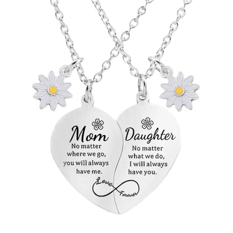 2 Pcs Daisy Charm Mother Daughter Heart Matching Pendant Necklace Set Stainless Steel Jewelry Gifts For Mom