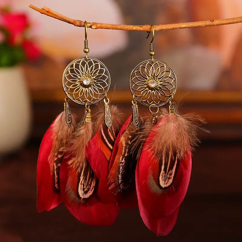 Bohemian Vintage Jewelry For Women 2024 Trendy Carved Leaf Feather Tassel Long Earrings