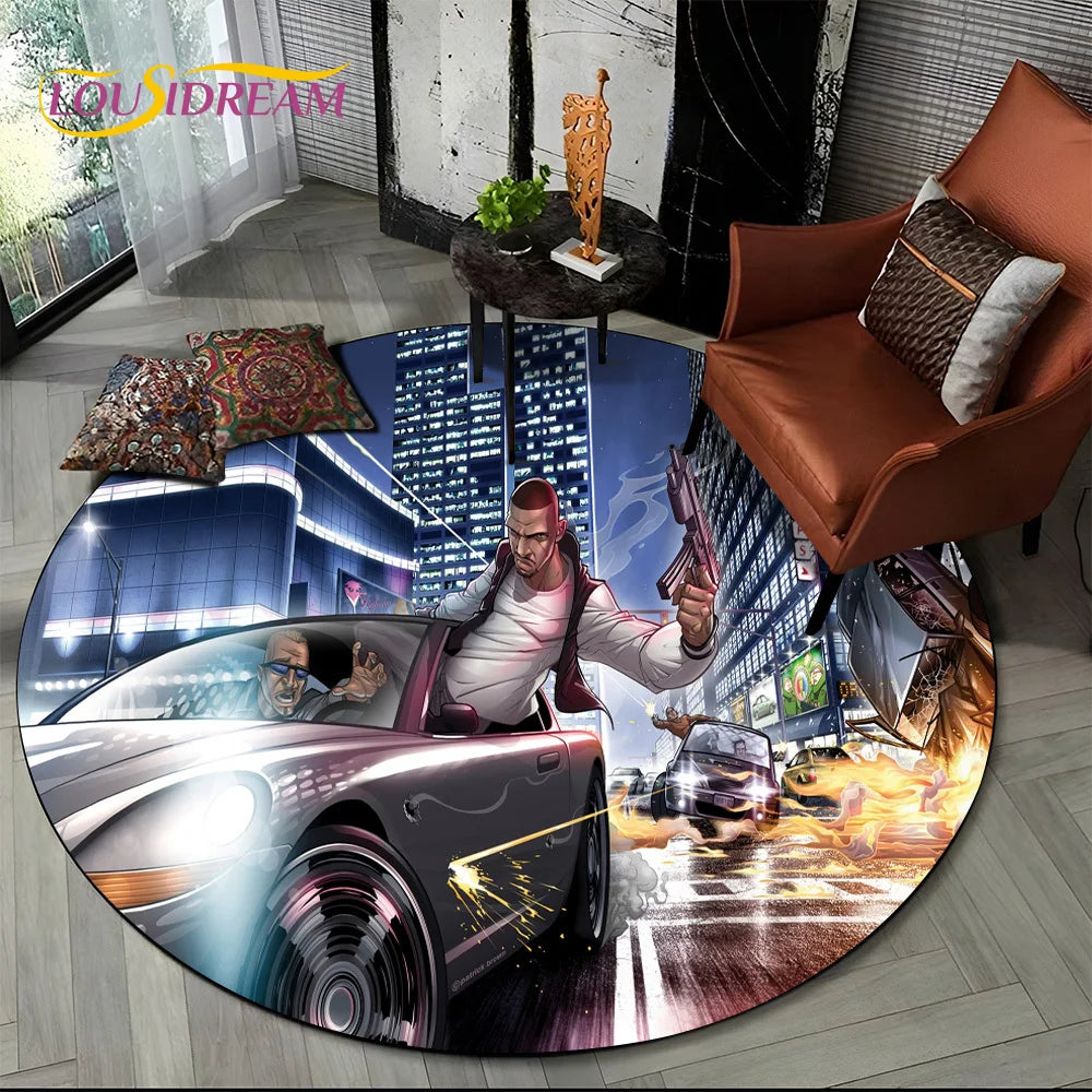 Grand Theft Auto Games GTA  Gamer Round Carpet Rug for Living Room Bedroom Child Playroom Decor,Pet Area Rug Non-slip Floor Mat