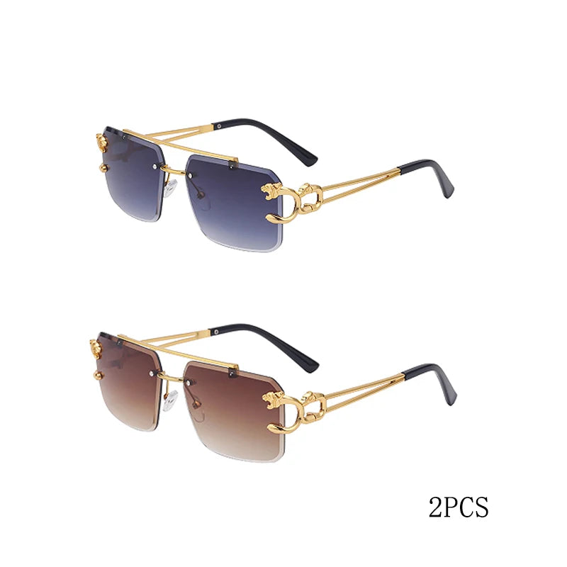 Fashion Metal Leopard Rimless Sunglasses Double Bridges Gradient Ocean Film Shades UV400