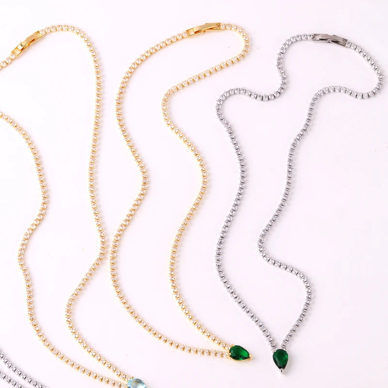 High Quality Iced Out Chain Water Drop Cubic Zirconia Light Blue Necklace for Women 18K Gold Plated Bridal Wedding Party Jewelry