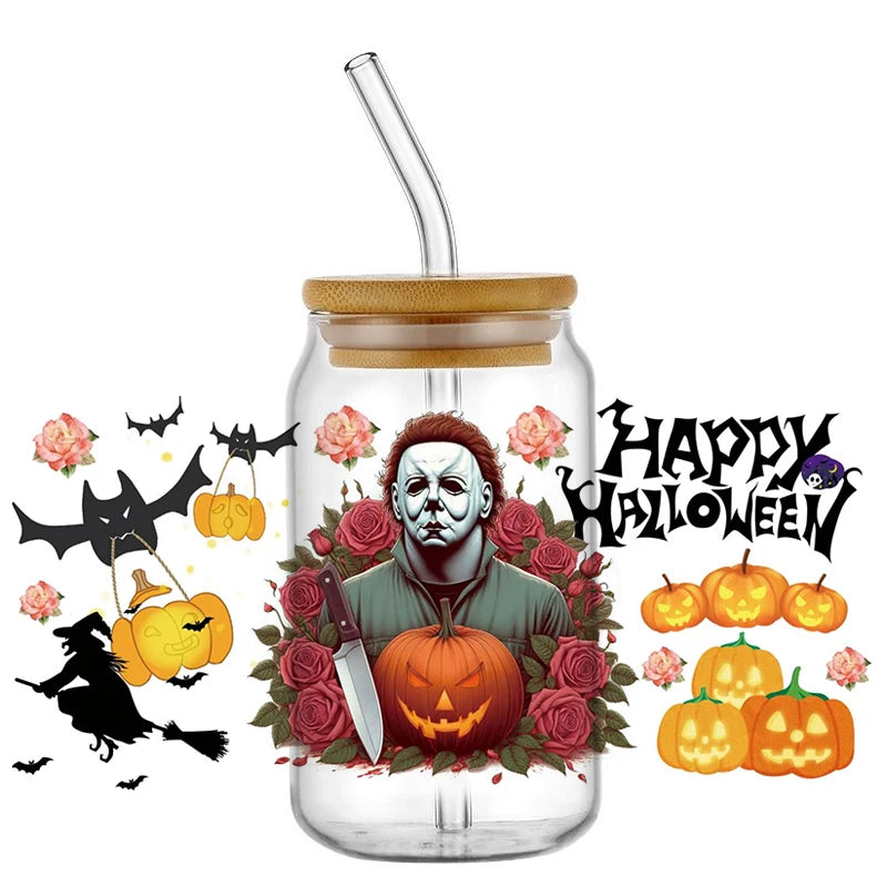Miniso Halloween Stitch Mixed Cartoon Pattern Transfer Stickers Waterproof UV DTF Cup Wraps 3D Wrap Decal For 16oz Libbey Glass