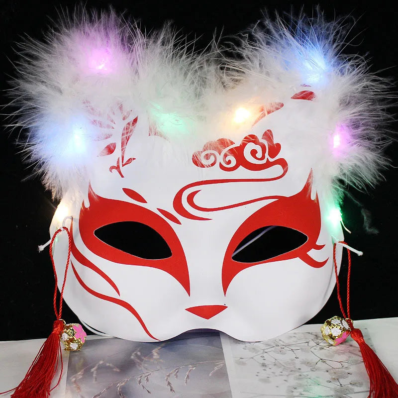 Luminous Led Mask Japanese Foxes Mask Rave Costume Anime Half Face Cat Masks Masquerade Festival Halloween Party Cosplay Props