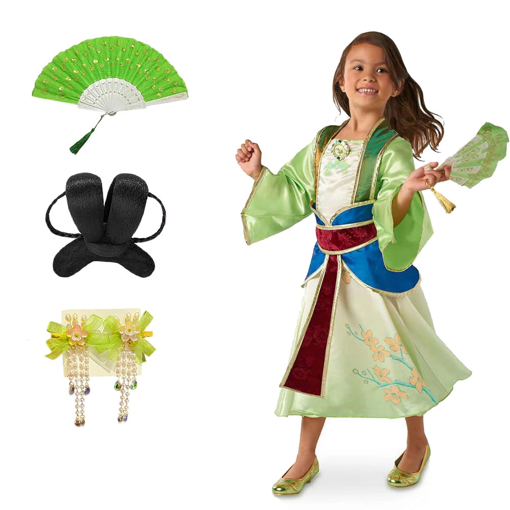 Halloween Girls Mulan Dress Children Fancy Fairy Princess Dress Up Chinese Style Christmas Vintage Green Floral Dresses Hanfu