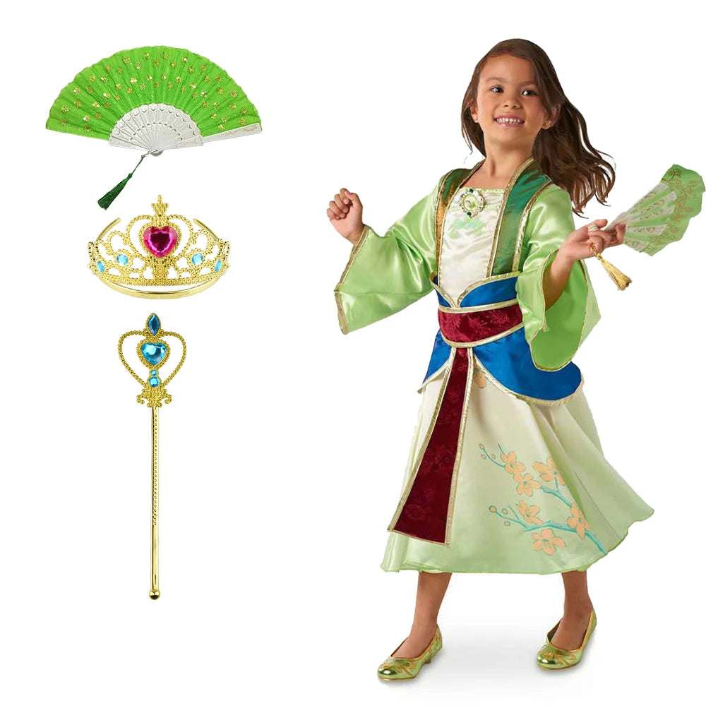 Halloween Girls Mulan Dress Children Fancy Fairy Princess Dress Up Chinese Style Christmas Vintage Green Floral Dresses Hanfu