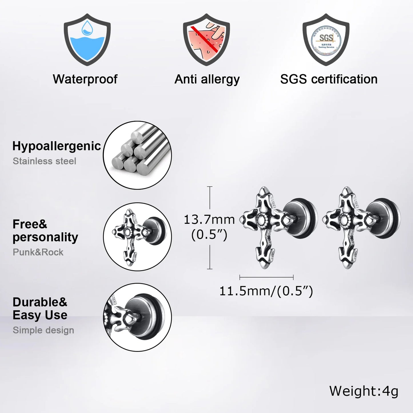 Gothic Cross Earrings for Men Boys,Waterproof Stainless Steel Stud Earrings,Rock Punk Prayer Jewelry Halloween Gifts