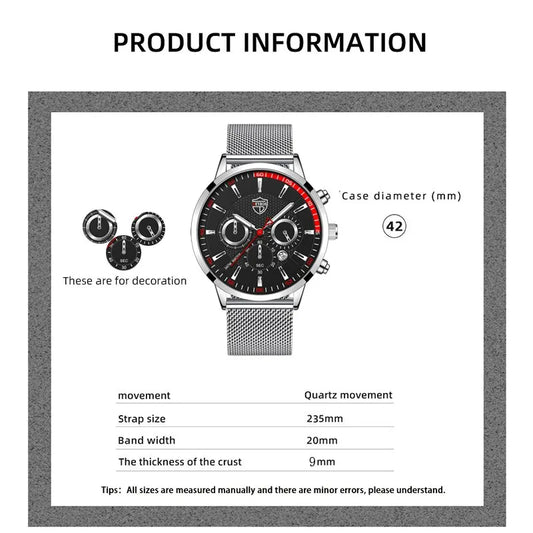 Mens Fashion Sports Watches Men Business Casual Quartz Wrist Watch Luxury Silvery Mesh Belt Watch
